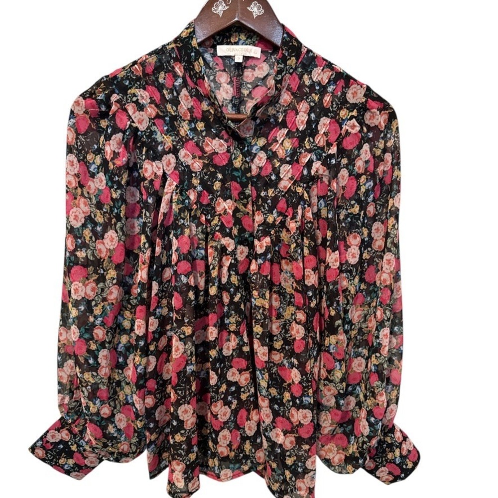 Olivaceous Black Floral Sheer Pleated Button Front Blouse‎ Sz S Whimsigoth Fairy